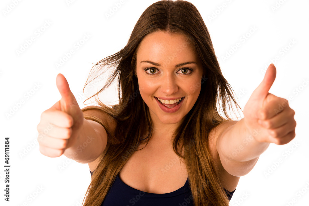 Beautiful asian caucasian woman gesturing success showing thumb Beautiful asian caucasian woman gesturing success showing thumb