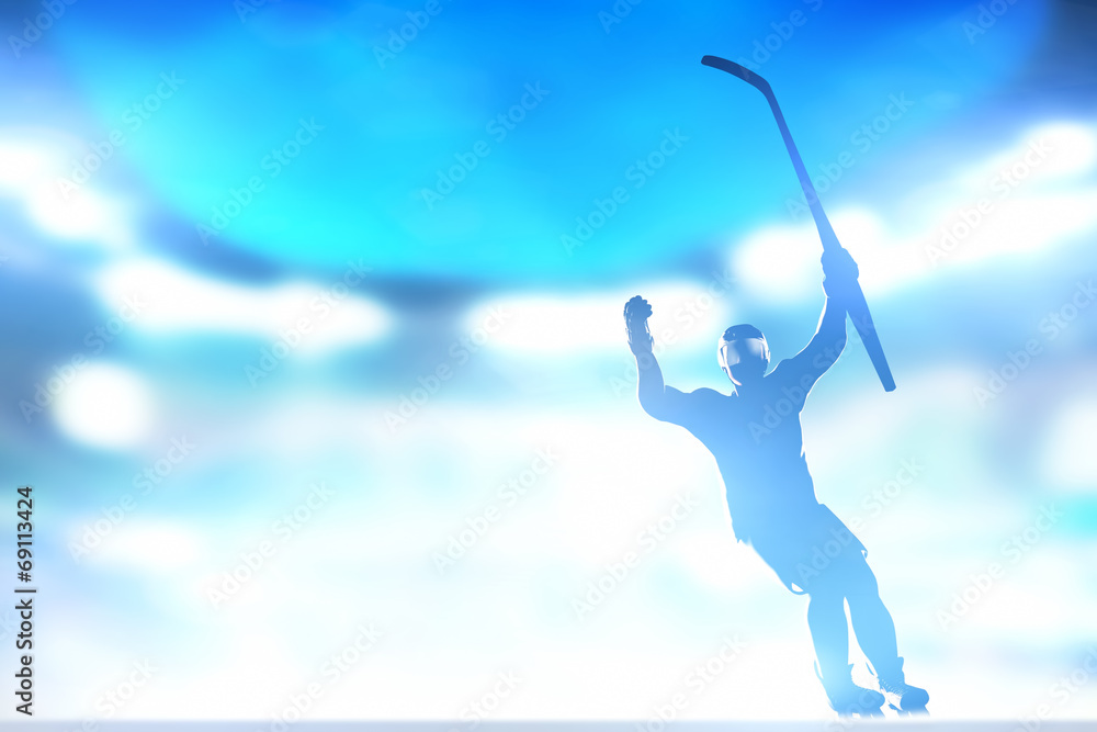 Fototapeta premium Hockey player celebrating goal, victory with hands and stick up