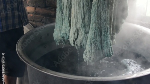 Wool dyeing in a carpet factory, Nepal