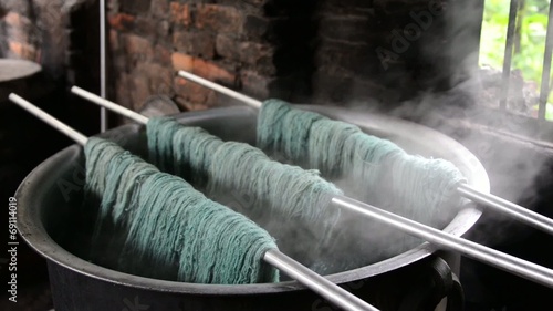 Wool dyeing in a carpet factory, Nepal
