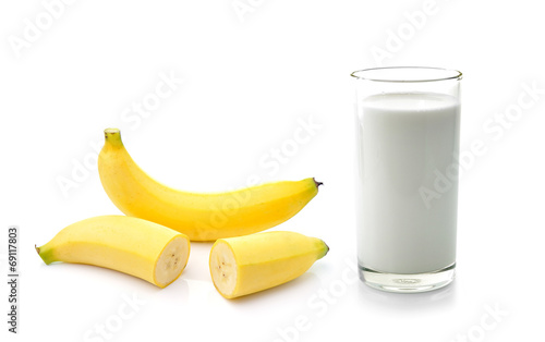 Glass of milk  with  banana over white background