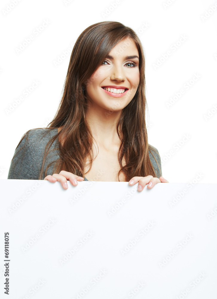 Smiling woman leaning on big blank board . Close up female face Smiling woman leaning on big blank board . Close up female face
