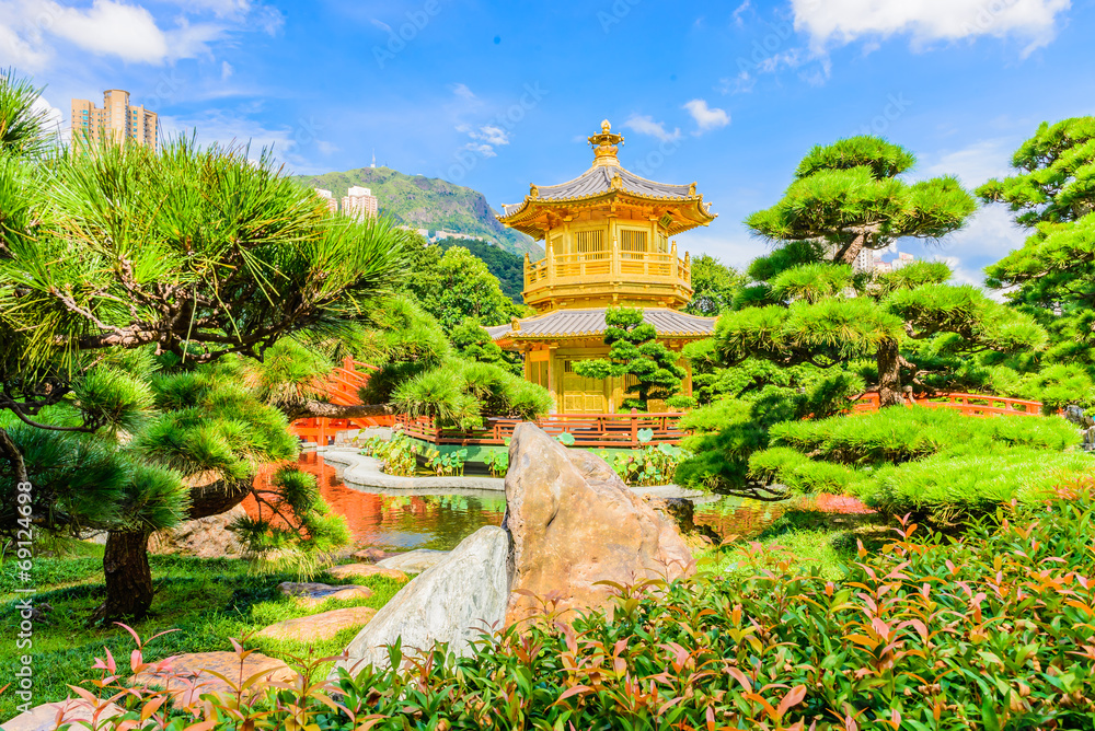 Gold Chinese pavilion at the park of Hong Kong