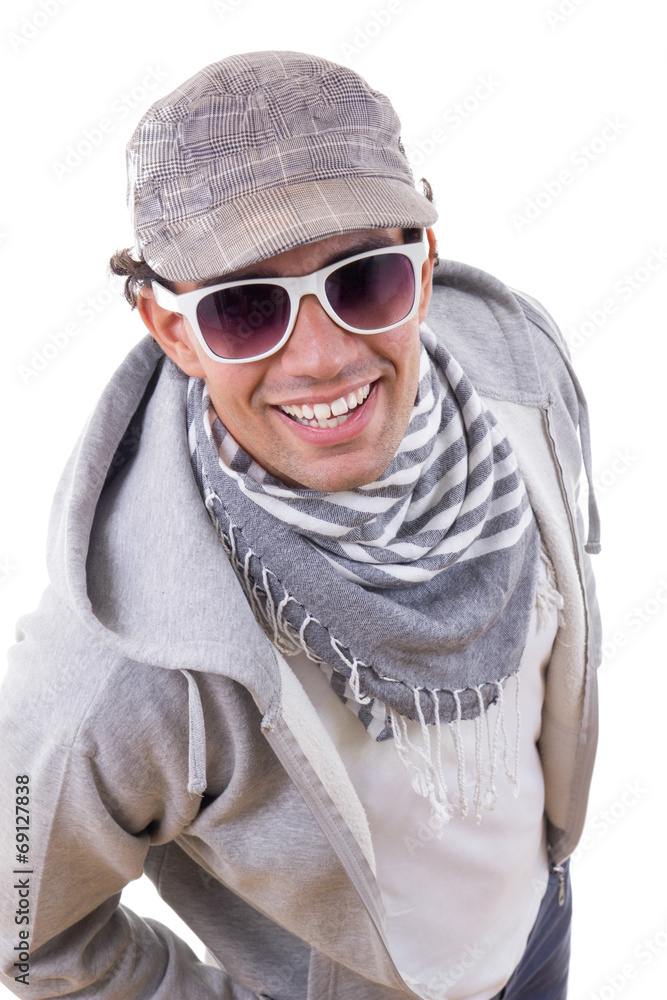 sexy man smiling in sweatshirt with sunglasses wearing cap and s sexy man smiling in sweatshirt with sunglasses wearing cap and s