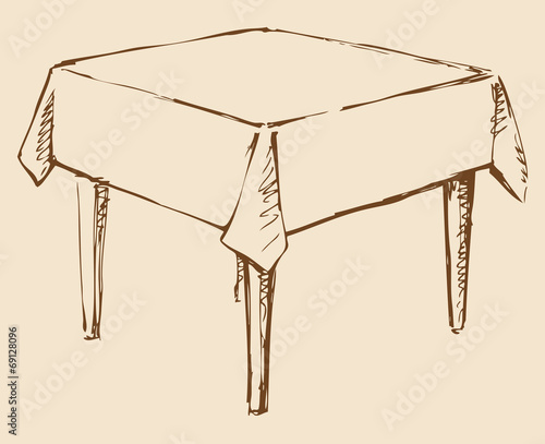 Vector drawing. Square table with tablecloth