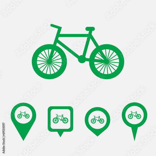 Map pointer with bicycle icon.