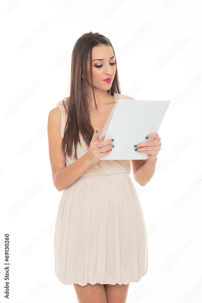 Attractive young woman holds an empty white board Attractive young woman holds an empty white board
