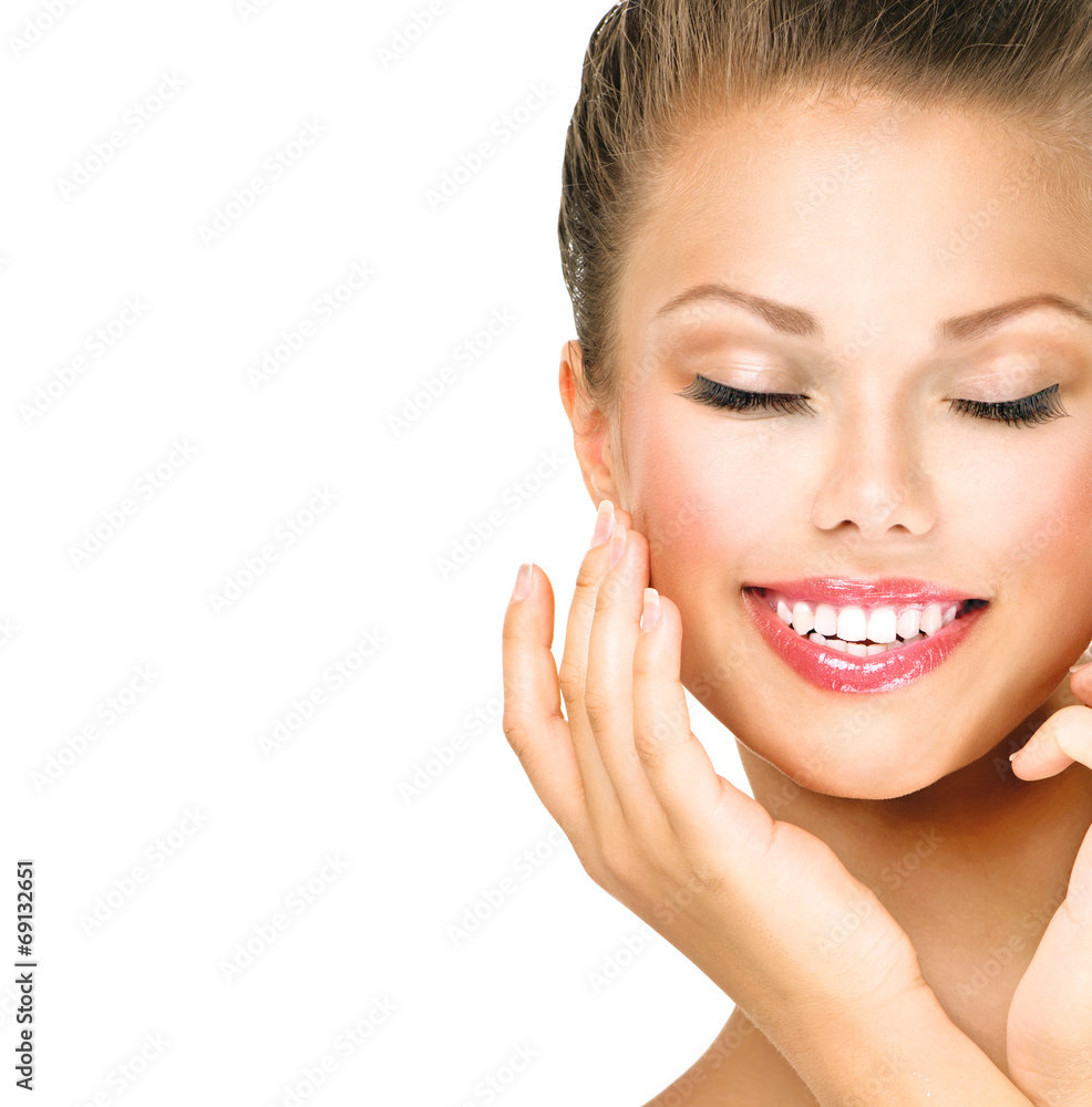Skincare. Woman smiling with closed eyes. Closeup portrait