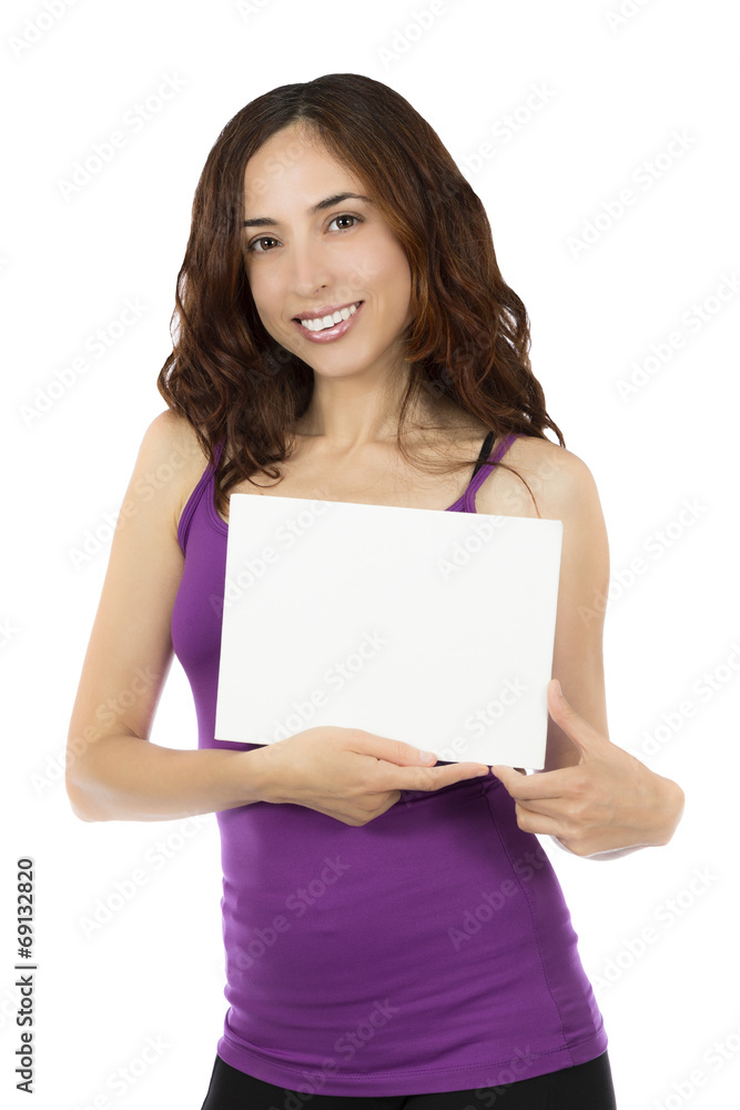 Fitness woman holding a blank board for advertisement Fitness woman holding a blank board for advertisement