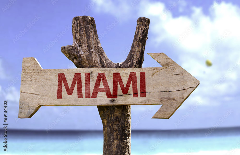 Miami wooden sign with a beach on background