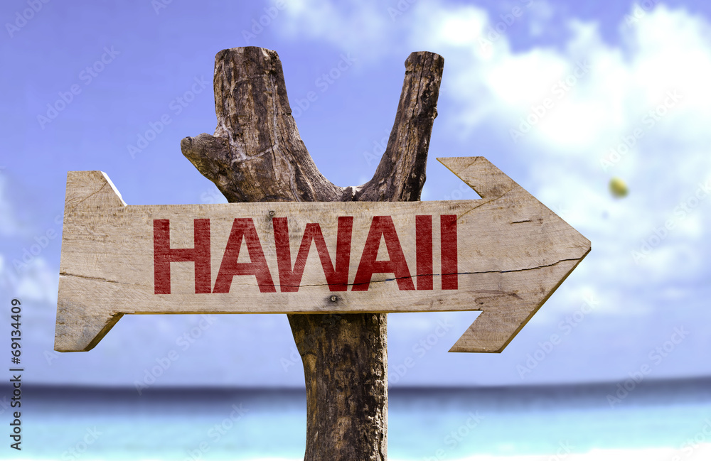 Hawaii wooden sign with a beach on background
