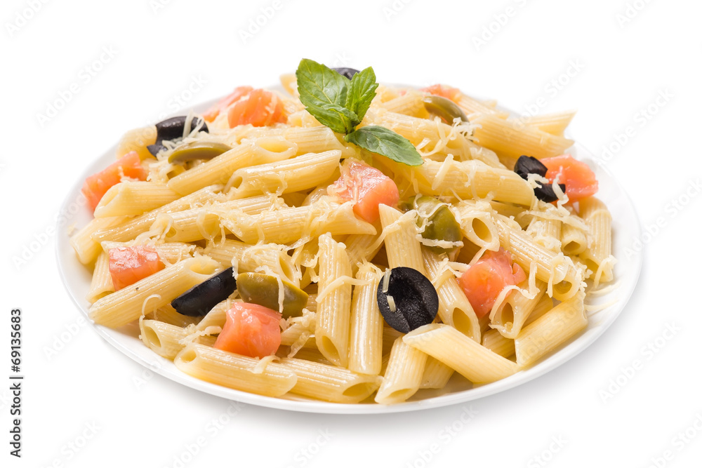 Italian pasta with smoked salmon on a white background