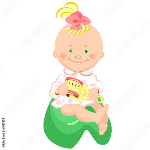 Vector baby with a rattle is sitting on the potty