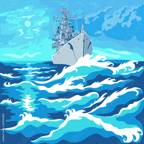 vector seascape with a warship