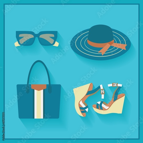 Women fashionable summer accessories icons set