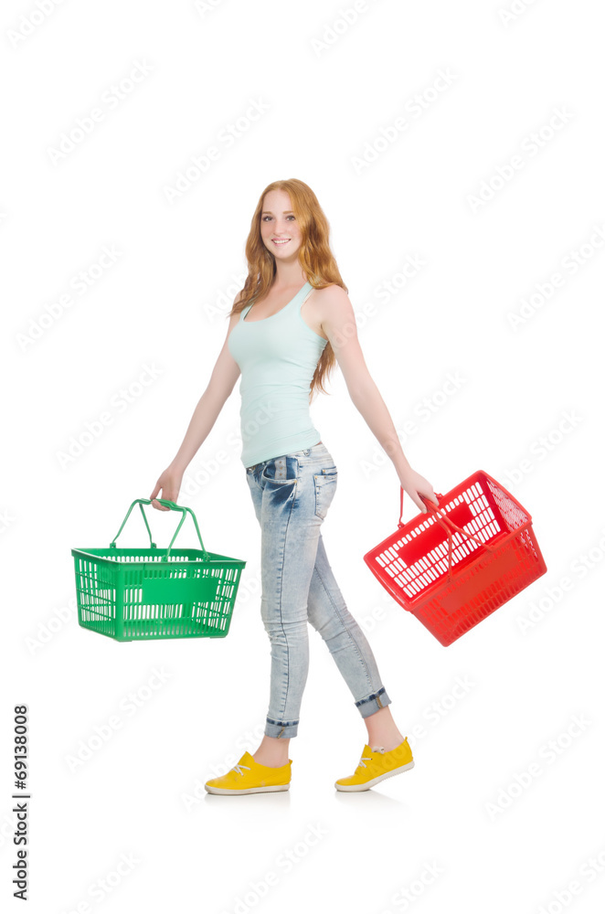 Woman after shopping in the supermarket isolated on white Woman after shopping in the supermarket isolated on white