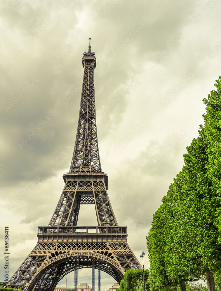 the Eiffel Tower in Paris, France, with an effect of old postcar
