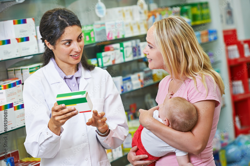 Pharmacy chemist, mother and child in drugstore - obrazy, fototapety, plakaty 