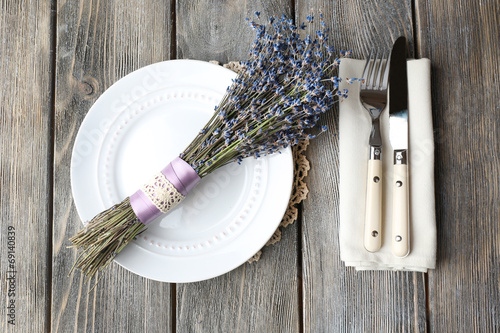 Dining table setting with lavender flowers