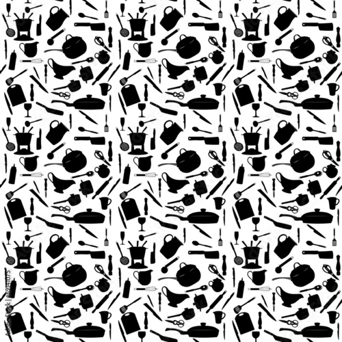 Kitchen Tools Silhouette. Seamless Pattern. Vector illustration.