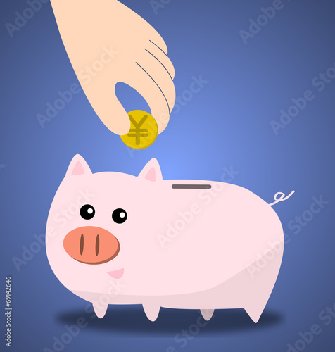 Saving yen in a piggy bank, vector illustration
