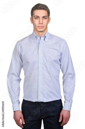 Male model with shirt isolated on white