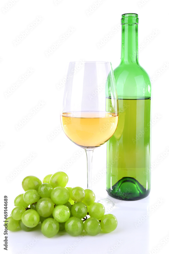 Tasty wine and ripe grape, isolated on white Tasty wine and ripe grape, isolated on white