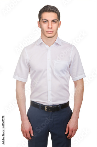 Male model with shirt isolated on white