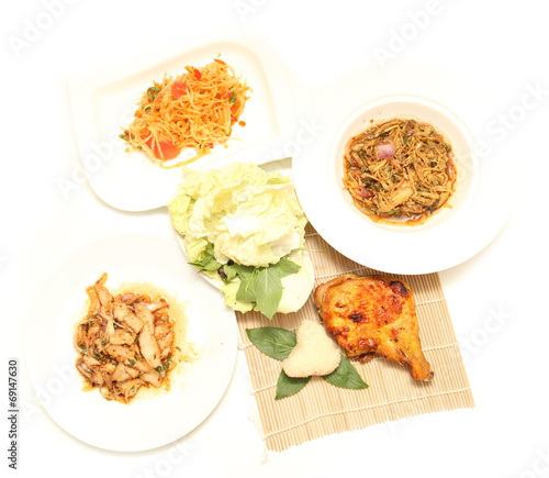 cuisine spicy pork salad papaya salad roast chicken isolated on