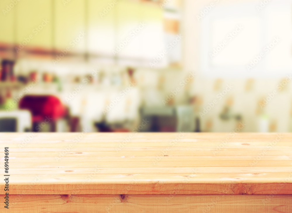 empty table board and defocused retro kitchen background empty table board and defocused retro kitchen background
