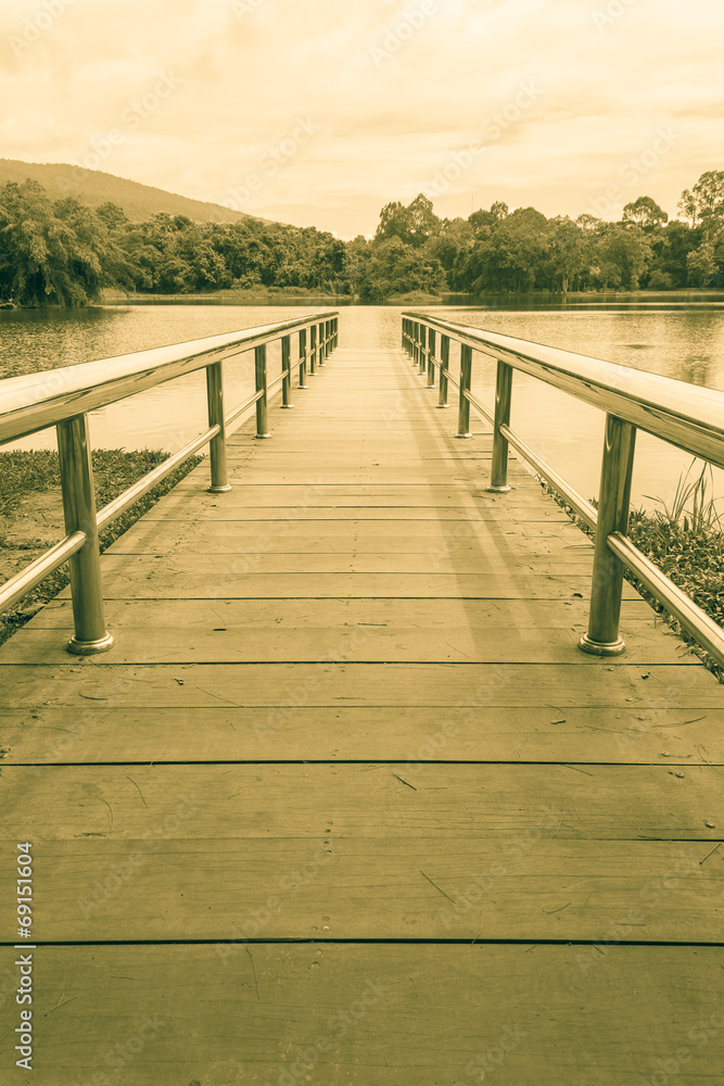 stainless steel bridge or pier at lake