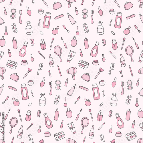 Cosmetics and beauty products icons. Vintage seamless patterns