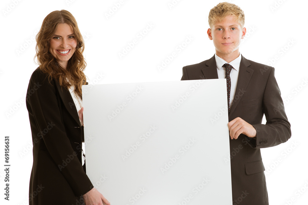 group of businesspersons holding blank banner group of businesspersons holding blank banner