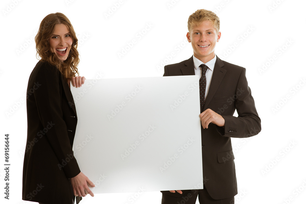 group of businesspersons holding blank banner group of businesspersons holding blank banner