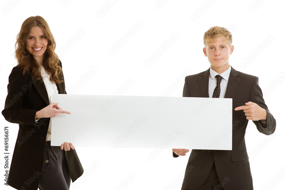 group of businesspersons holding blank banner group of businesspersons holding blank banner