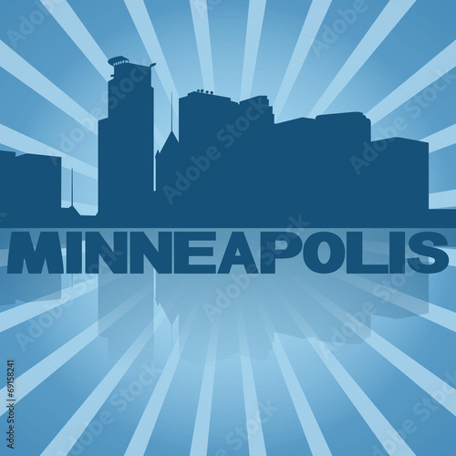 Minneapolis skyline reflected with blue sunburst illustration