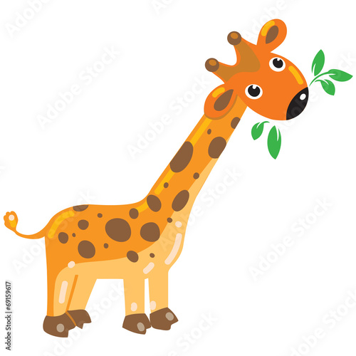 Cheerful giraffe with green leafs. Children illustration