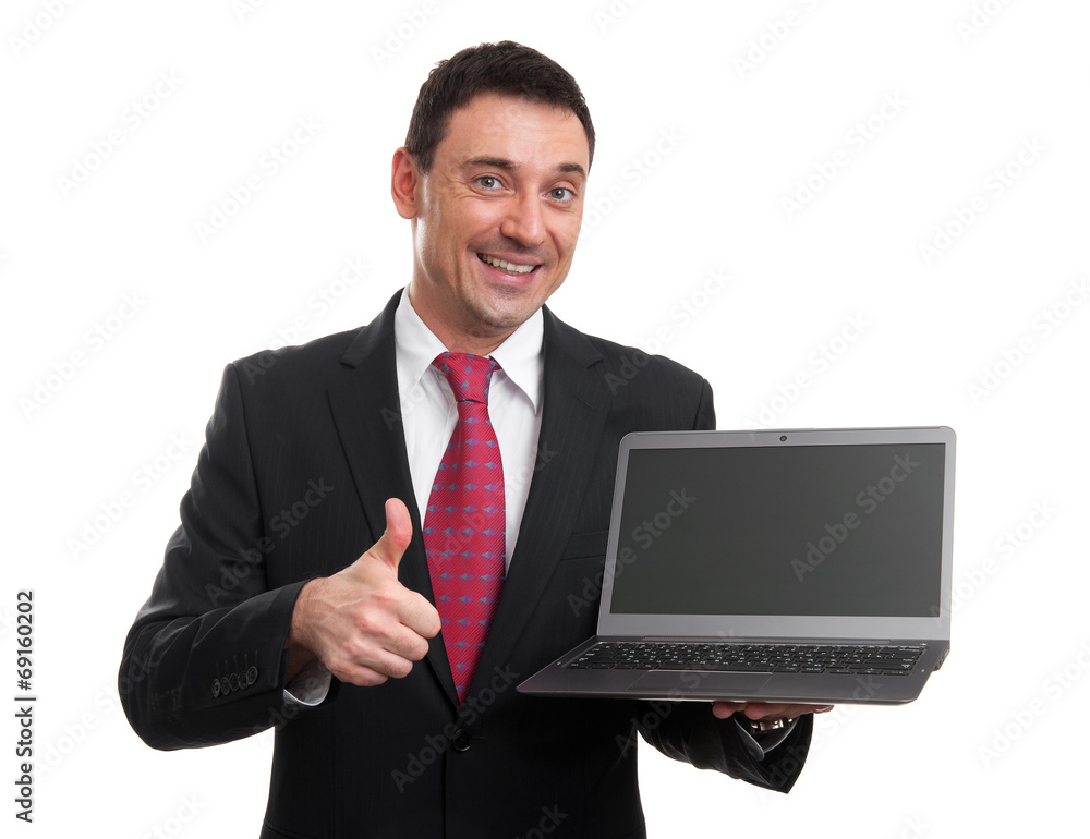 Sales man presenting somenting on laptop screen Sales man presenting somenting on laptop screen