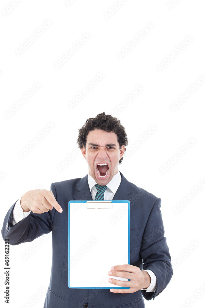Angry adult businessman holding a white board Angry adult businessman holding a white board