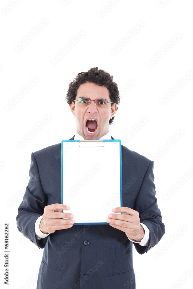 angry and shocked businessman holding a white board angry and shocked businessman holding a white board