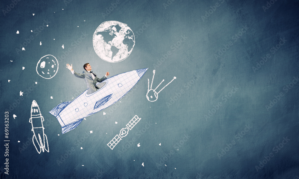 Naklejka premium Man on rocket