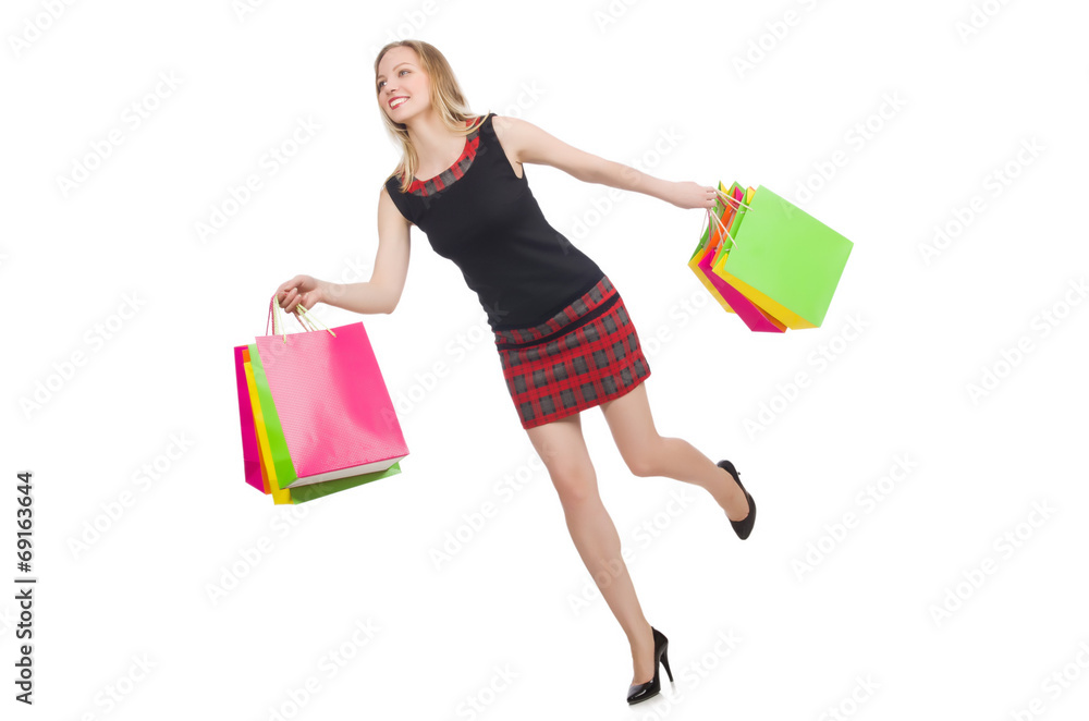 Woman after shopping spree on white Woman after shopping spree on white