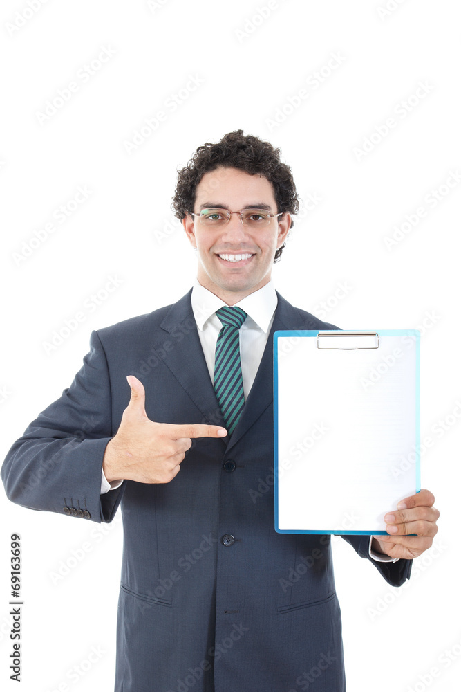 Businessman with blank banner. Place for text Businessman with blank banner. Place for text
