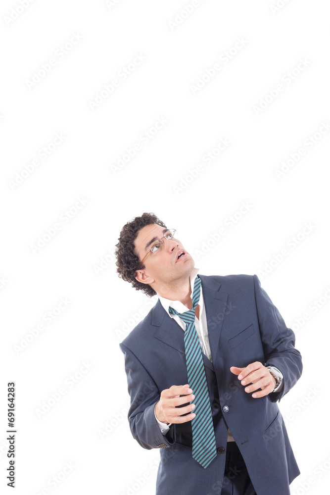 frightened business man looking up