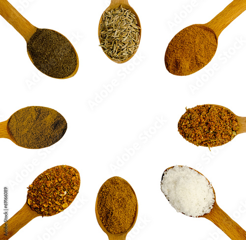 wooden spoons with spices with different spices