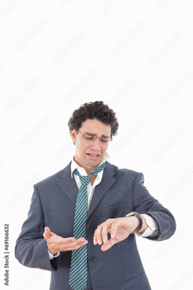 Portrait of an expressive sad businessman with galsses late for Portrait of an expressive sad businessman with galsses late for