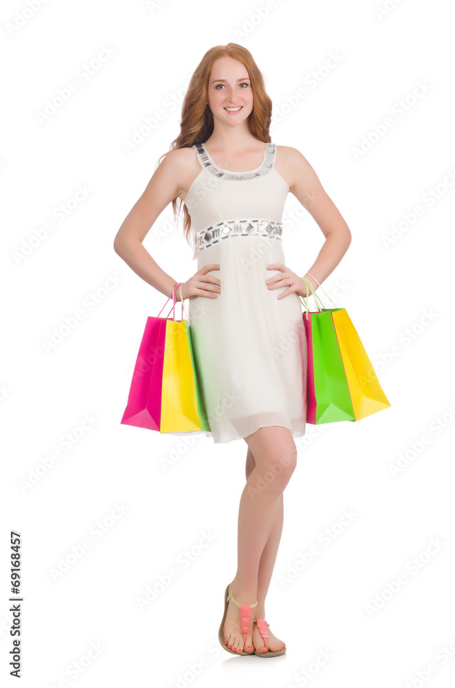 Woman after shopping spree on white Woman after shopping spree on white