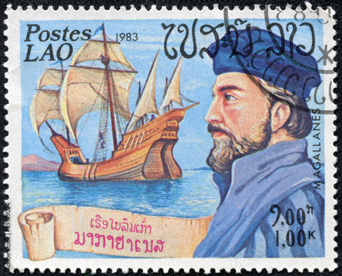 stamp printed in Laos showing an image of Ferdinand Magallanes photo