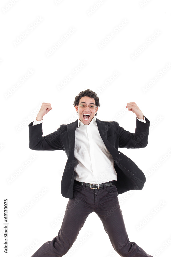 Young happy business man jumping in the air , isolated on white Young happy business man jumping in the air , isolated on white