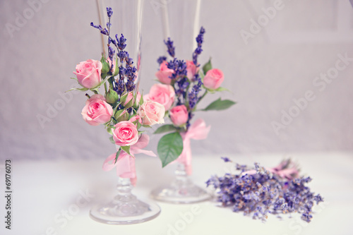 Wedding glasses with roses and lavender